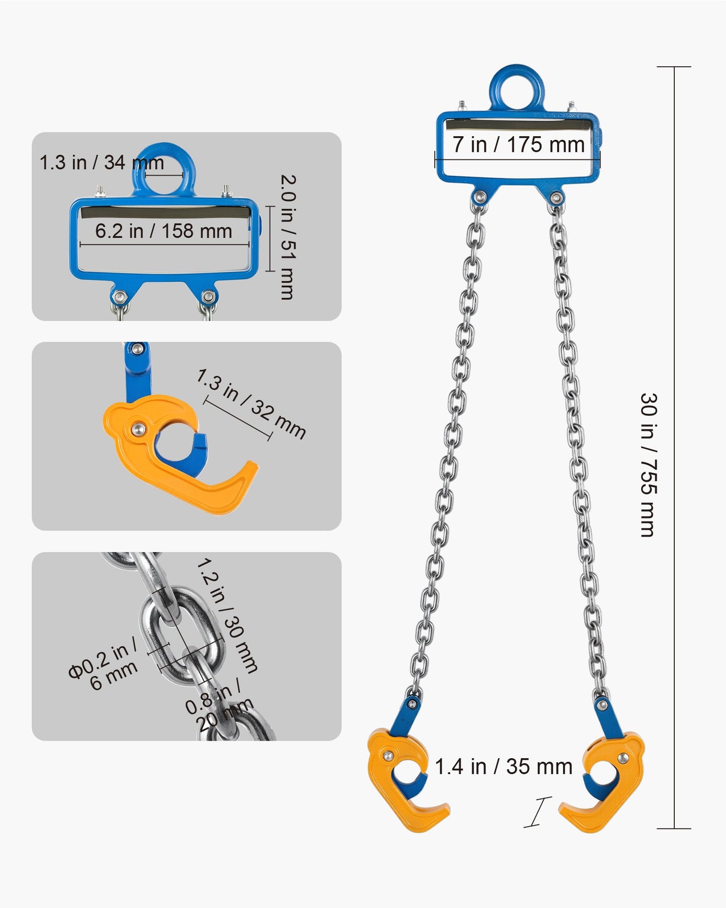 Chain Drum Lifter, G80 Drum Lifting Chain Sling With Security Hook, 2200LBS Capacity, Drums Handling Equipment Fits For Crane Forklift, Carbon Steel Barrel Lifter For Plastic & Metal Drums