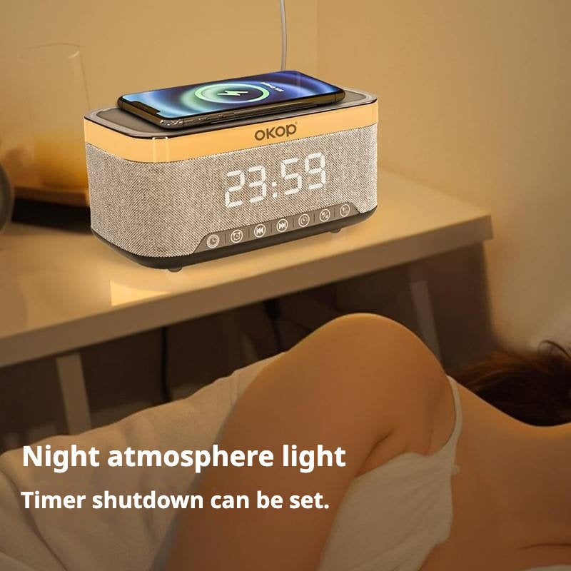 KP-559 15W Wireless Charging Clock Alarm Clock RGB Ambient Light White Noise Desktop Bluetooth Speaker