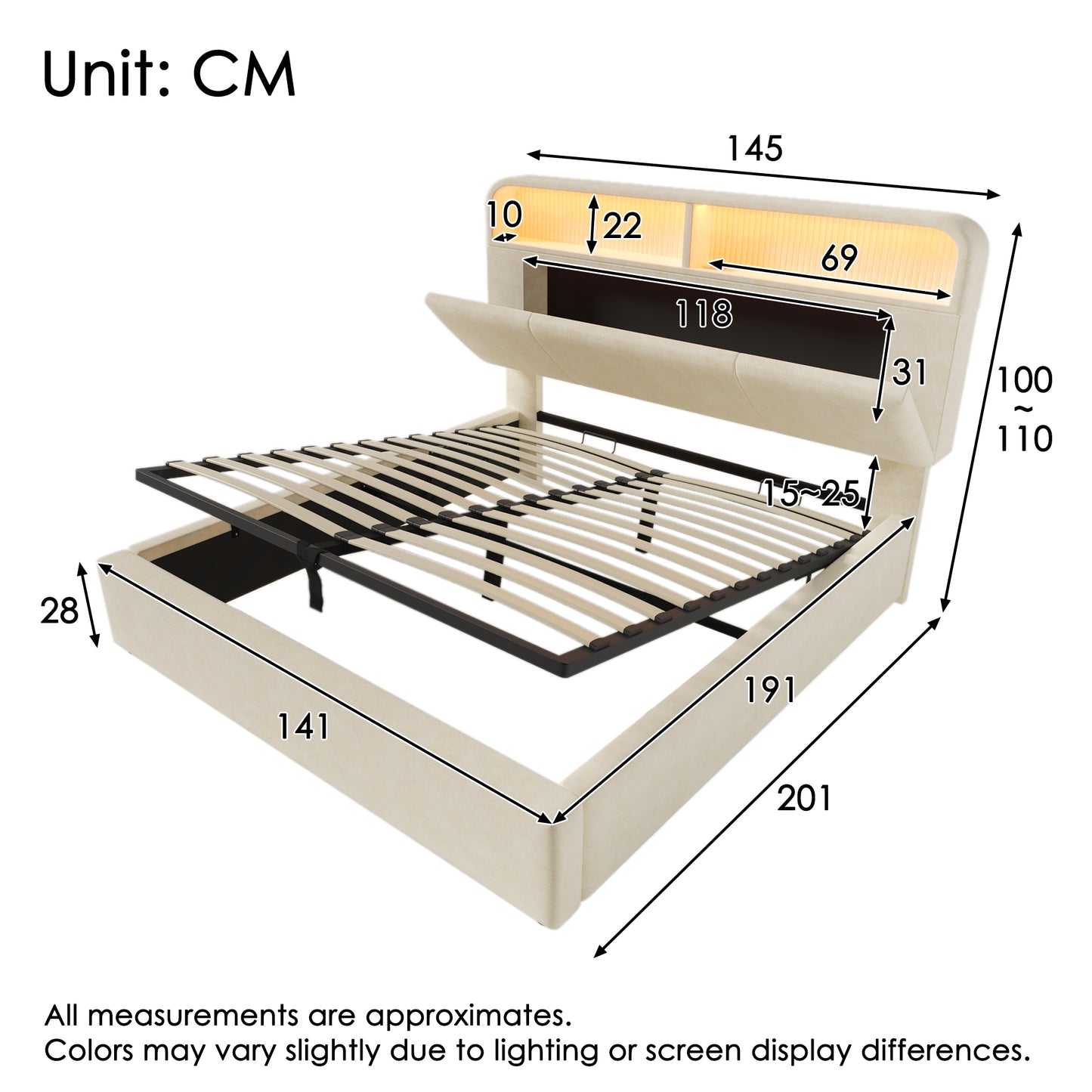 Upholstered Bed Double Bed 140x190 Cm With Height-adjustable Storage Headboard, Hydraulic Bed With LED Lighting & USB Type-C Charging Station, Velvet, Beige, Incl. Slatted Frame  Without Mattress
