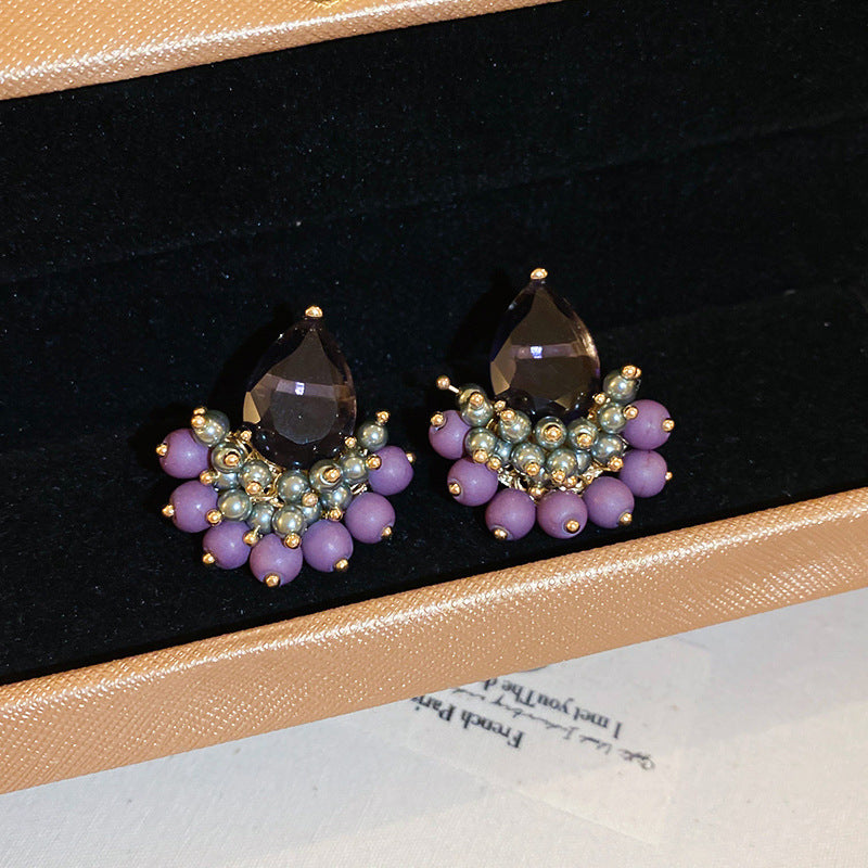 Sweet Purple Crystal Flower Earrings For Women Korean Style Rhinestone Luxury Versatile