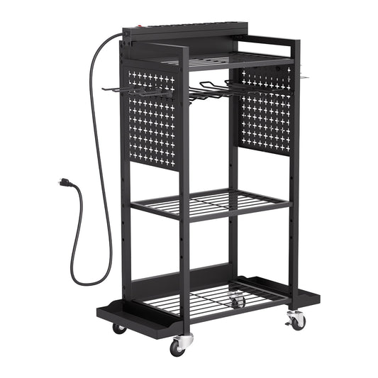 4-tier Tool Organizer Cart With Charging Station, 8 AC Outlet, Floor Stand Rolling Drill Holder And Tool Battery Storage Rack On Wheels, Garage Floor Rolling Storage Cart For Workshop, Garage