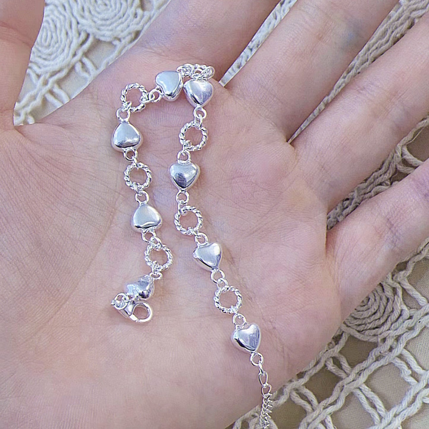 1pc 999 Sterling Silver Heart & Twisted Ring Link Bracelet, Sweet Minimalist Style, Perfect For Daily Wear & Valentine's Gifts
