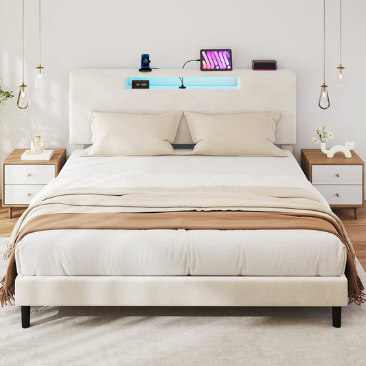 King Size Bed Frame Upholstered High Headboard Mattress Foundation Frame With Adjustable LED Light Charging Function Wood Slat Noiseless No Box Spring Needed Easy Assembly