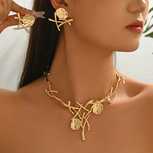 Hot Selling Cross-Border European Style Jewelry Set, Geometric Metal Slice Line Design Necklace & Matching Earrings, Versatile Premium Women Fashion Accessories