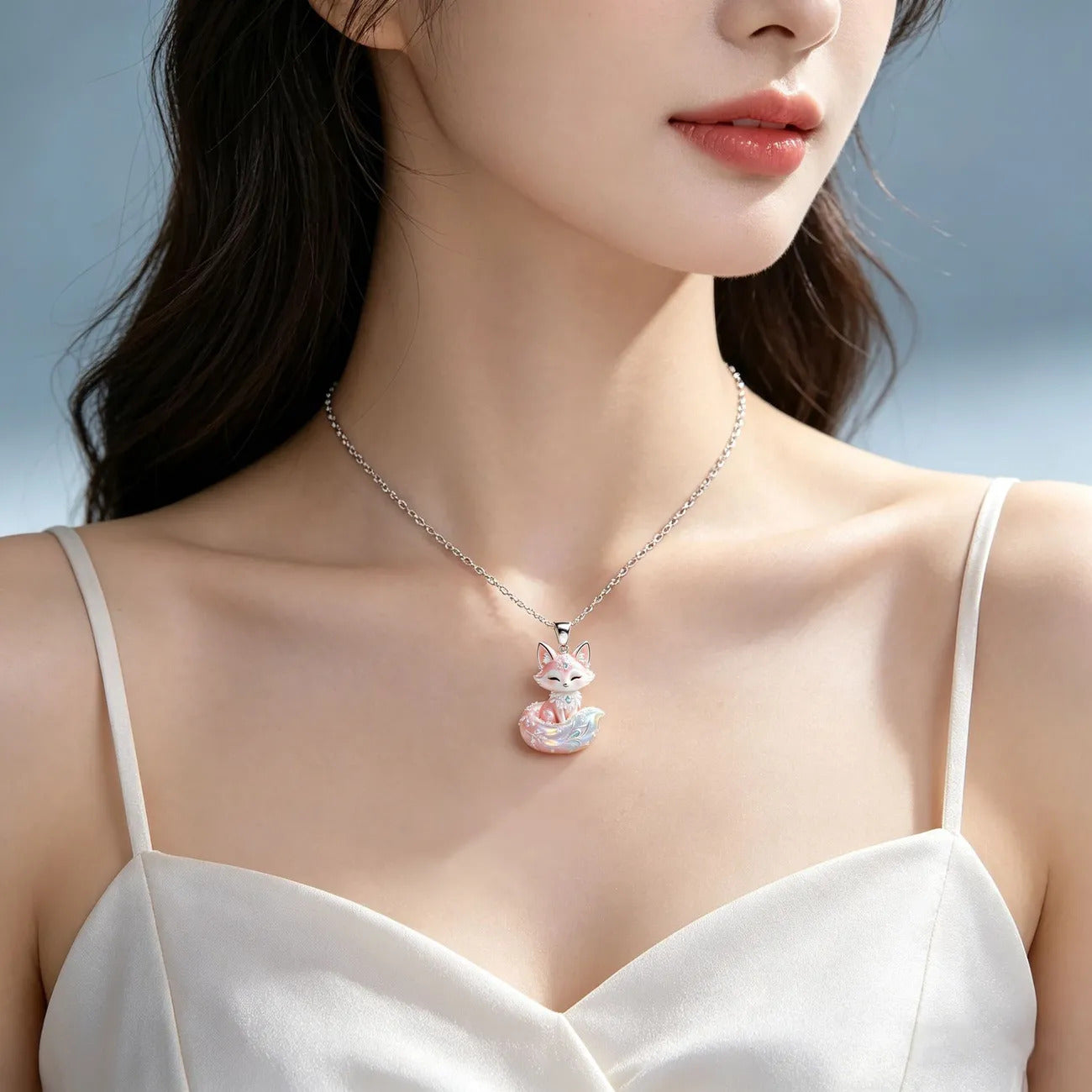 1pcs Gradient  Enamel Crystal Fox Pendant Necklace, Dreamy Sweet Fairy Style, For Daily Dating Wear & Women Valentine Birthday Gifts