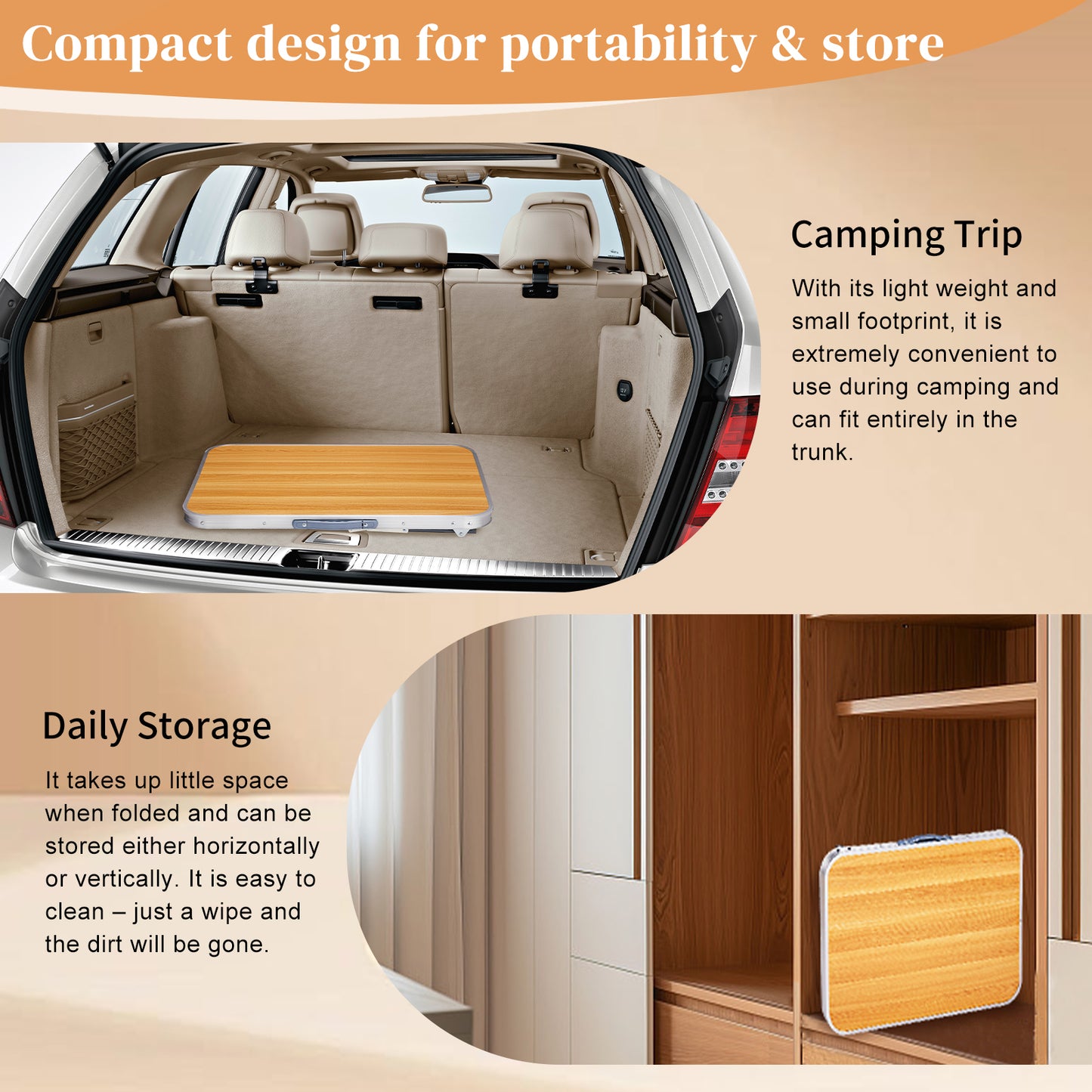2.3ft Portable Aluminum Folding Table, Indoor & Outdoor Lightweight Picnic Camping Desk, Wood Grain Foldable Table With Carry Handle