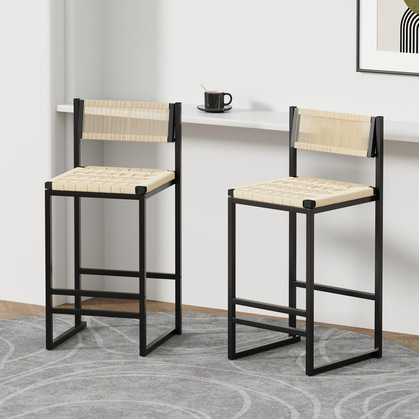 Set Of 2 Woven Bar Stools With Backrest Paper Rope Weave Dining Chairs For Kitchen Island  Style B Black & Creamy White