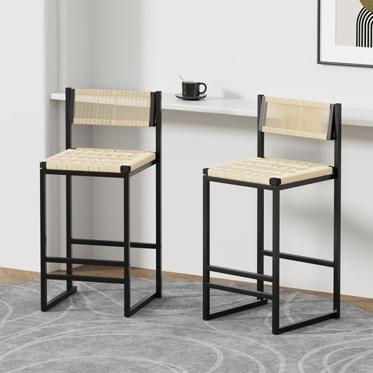 Set Of 2 Woven Bar Stools With Backrest Paper Rope Weave Dining Chairs For Kitchen Island  Style B Black & Creamy White