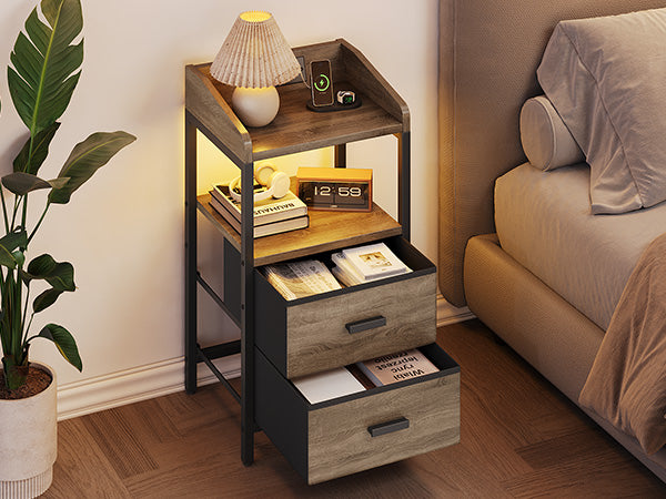 Nightstand With Charging Station Modern Bedside End Side Table With Guardrail Storage Shelf 2 Fabric Drawers USB Ports AC Outlets