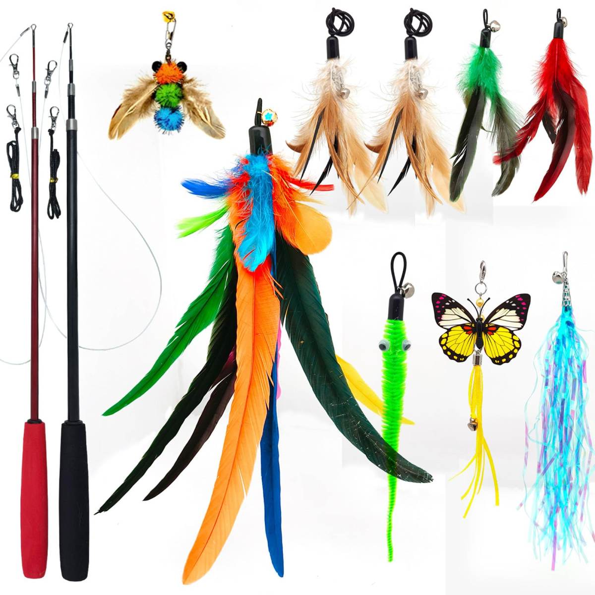 2PCS Retractable Cat Teaser Wands & 9PCS Feather Refills Toy Set  Dual-size Telescopic Rods, Da Bird Feather Attachments With Bells Replacement,interactive Fishing Pole Toys