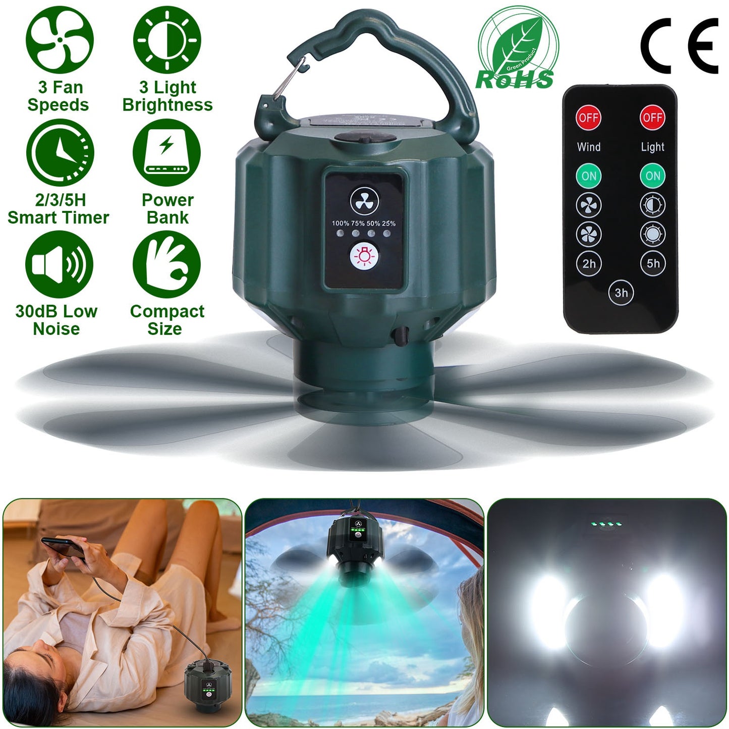 5200mAh Or 10400mAh Options -- 1Pc Portable Camping Ceiling LED Fan  USB Battery Powered Hanging Tent Lantern Fan Power Bank With 3 Fan Speed 3 Light Brightness Smart Timer Remote Control