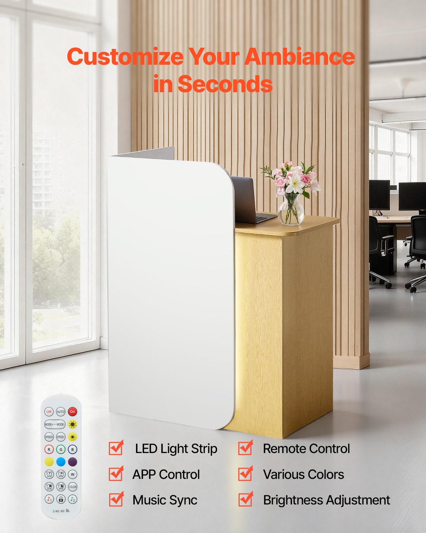 Reception Desk, 31.5 Inch Rectangular Front Counter Table, Modern Office Reception Desk With LED Light, 2 Drawers & Power Outlets, Retail Counter Table For Checkout, Lobby, Beauty Salon, Office