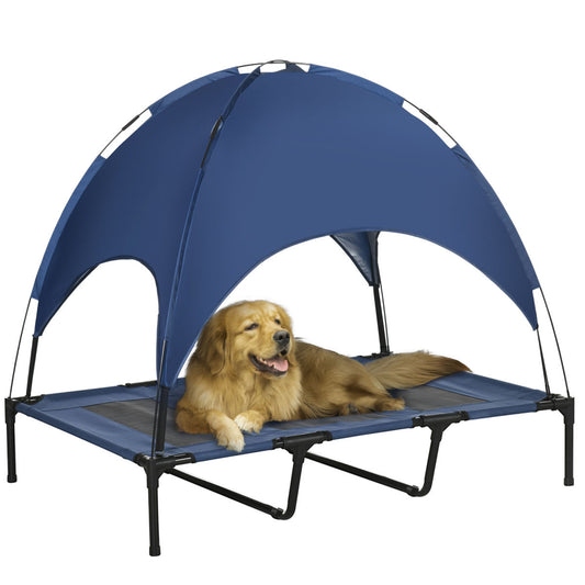PawHut Raised Dog Bed Waterproof Elevated Pet Cot With Breathable Mesh UV Protection Canopy Blue, For XL Dogs, 122 X 92 X 108cm