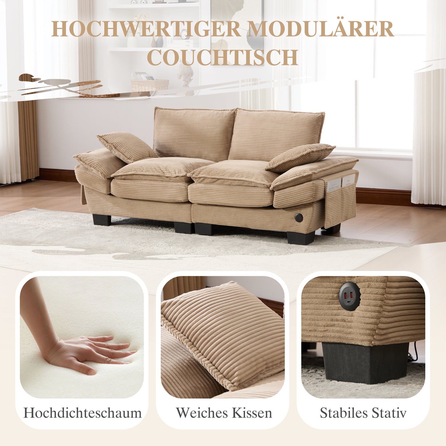 Modular Corduroy Sofa For 2 People With A Wide Seat, Ergonomic Design, High-density Foam Padding, USB-C Port And Side Pockets. Ideal For Living Room, Office Or Lounge.Khaki