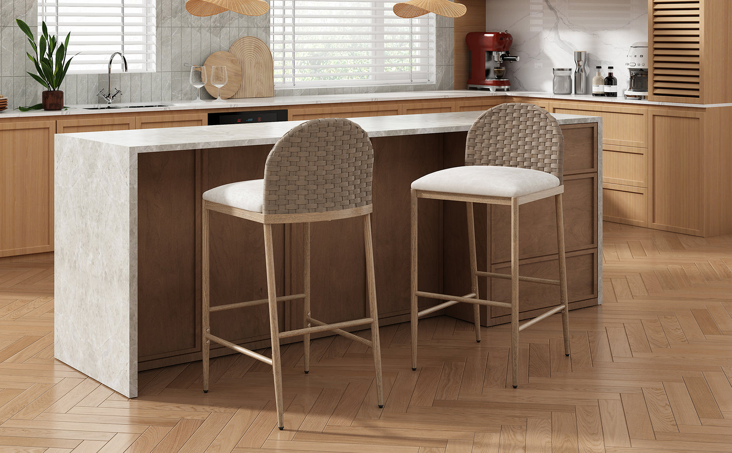 29.5  Farmhouse Barstools Set Of 2,Upholstered  Armless Iron Counter Stools With Rattan Backrest For Kitchen Dining Island Table,Brown Beige
