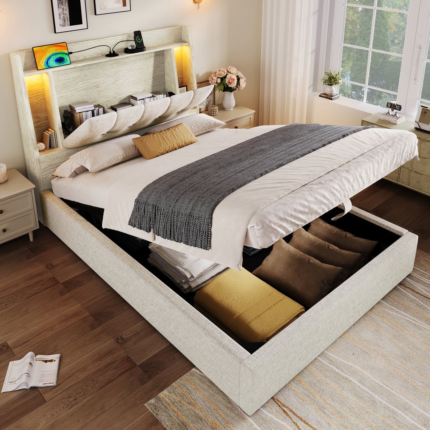 Upholstered Bed, 90x200 Cm, With USB Type-C Charging Function,Without Mattress,Flip-Top Storage Compartment, Multifunctional Storage, LED Lighting, Push-button Appdien,Linen, Beige