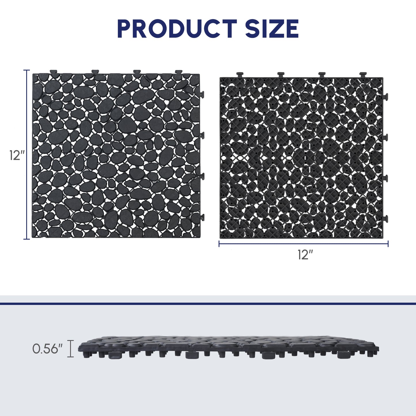 12 X 12 Inch Black Interlocking Deck Tiles Plastic Waterproof Outdoor All Weather Anti-slip Bathroom Shower Balcony Porch Strong Weight Capacity Upto 440 LBS, Pebble Stone Pattern Pack Of 60