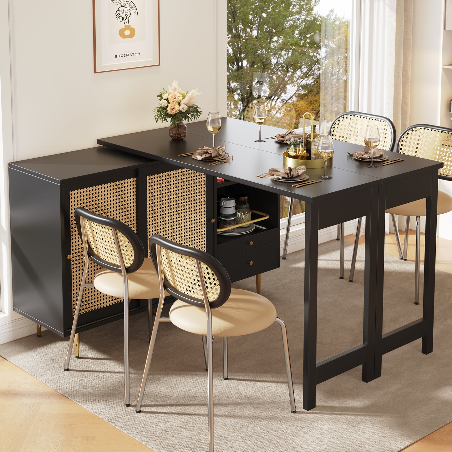 360 Rotating Bar Table  Main Body 107 X 40 X 71.4 Cm , Black Extendable Design Bar Table, Storage Cabinet With Rattan Door  Open Storage Shelf, Suitable For Kitchen And Dining Room