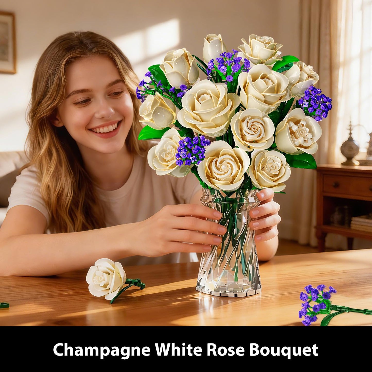 Flowers Bouquet Building Set With Lights,16 Champagne White Roses Botanical  Building Blocks For Adults Girl,523PCS Artificial Flower Valentines Day Birthday Gift For Her Home Decor