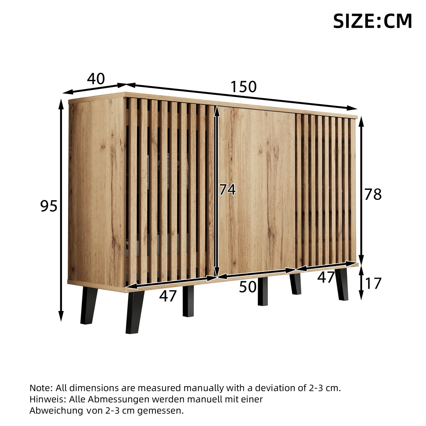 150x40x95cm Side Cabinet, Living Room Side Table, Sideboard, 3-door Wide Cabinet, 6 Divided Storage Compartments. Suitable For Living Room, Bedroom, Office And Entrance Area