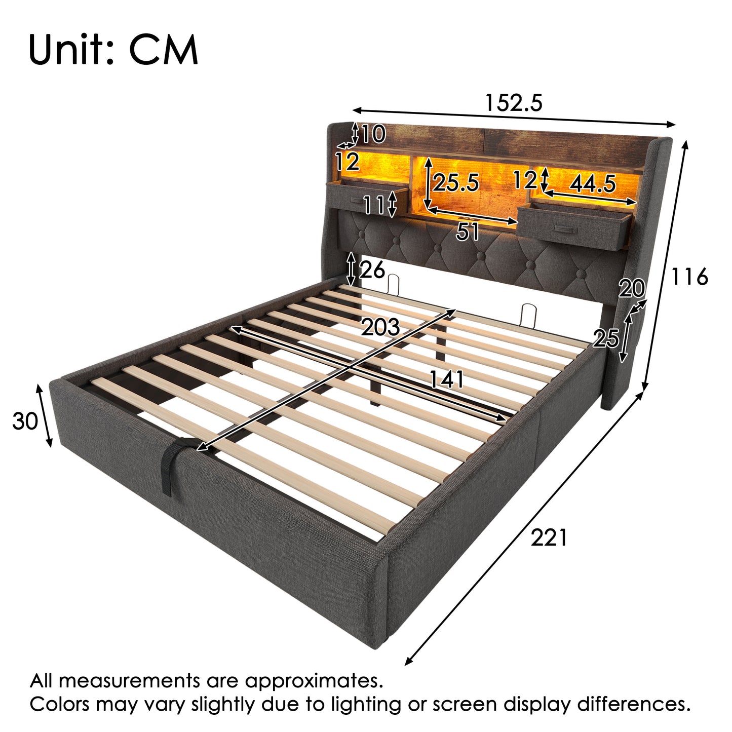 Upholstered Bed 140x200 Cm With Hydraulic Storage Space & LED Headboard, 4 Charging Stations  USB Type-C , Double Bed Incl. Slatted Frame, Grey Linen Fabric  Without Mattress