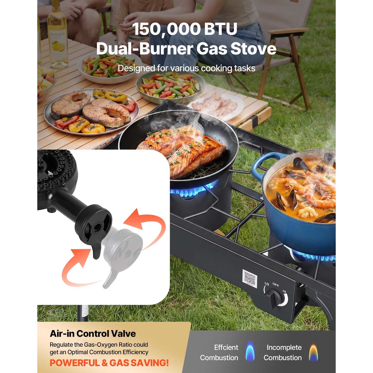 2 Burner Outdoor Propane Gas Stove, 150,000 BTU Propane LPG Gas Camping Stove, Heavy-duty Carbon Steel Outdoor Cooker, With 2 Wheels & 20 PSI Regulator & Hose, For BBQ Camp Home Patio B Ackyard