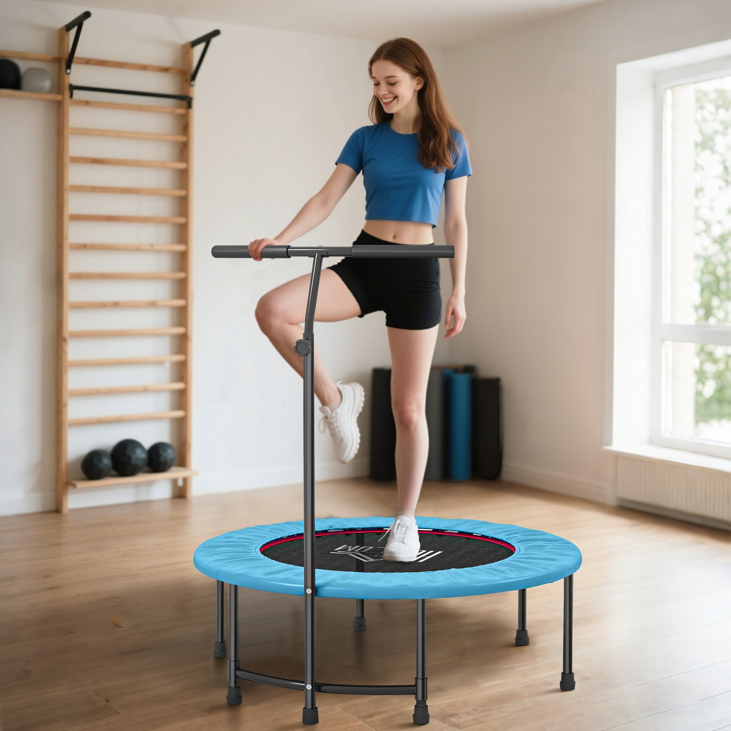 40" Fitness Trampoline With Adjustable Handle, Rebounder Trampoline, Mini Jumper For Indoor Exercise Workout, Blue