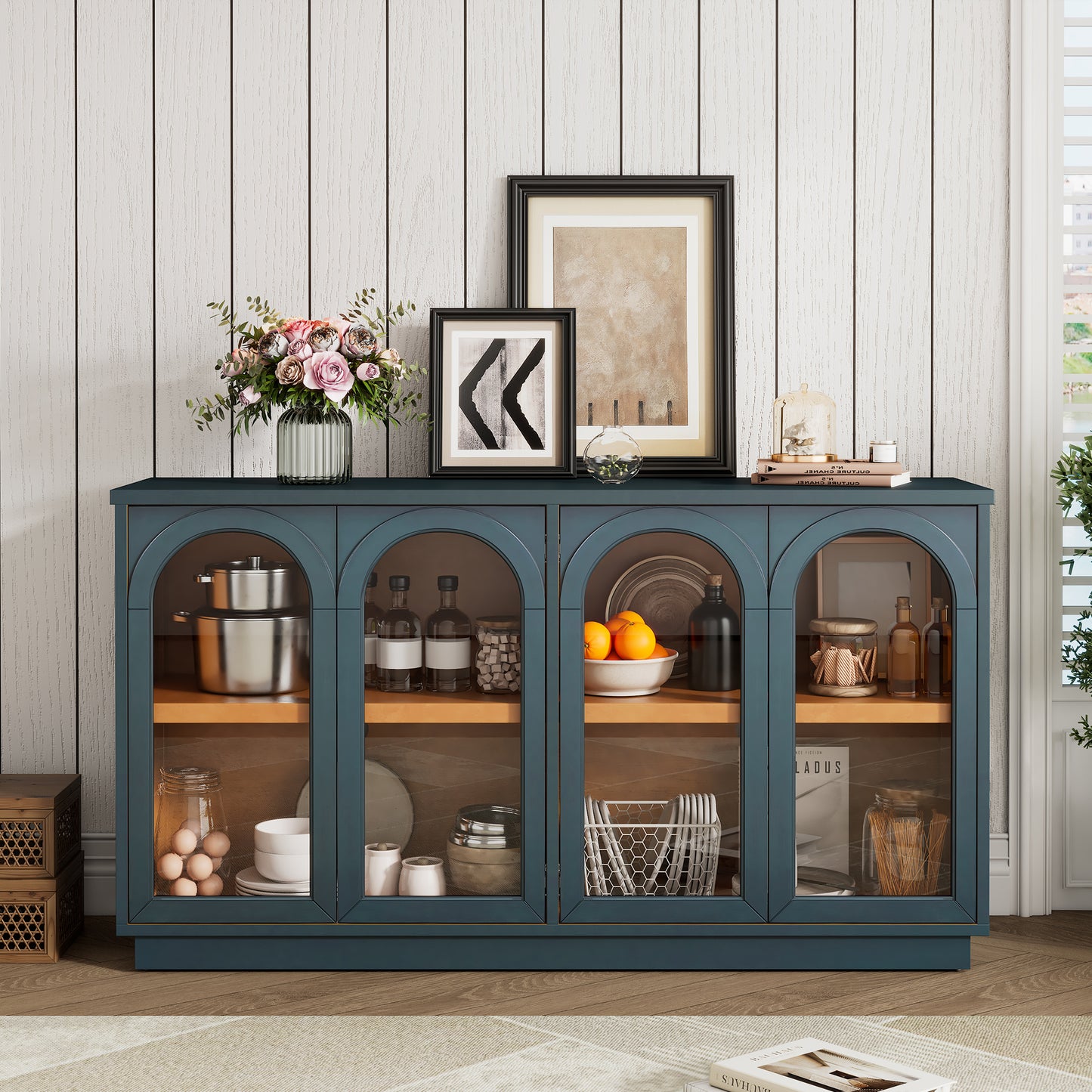 TREXM 4-Door Large Storage Buffet Cabinet With Glass Doors  Arched Cabinet With Adjustable Shelves For Kitchen  Dining Room And Living Room  Navy
