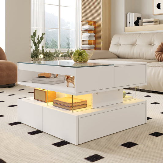 Height-adjustable Coffee Table For The Living Room With 16-color Lighting, Glass Top And Acrylic Supports.
