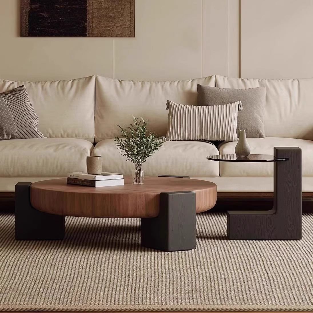 Walnut Coffee Table Set With A Round Tea Table