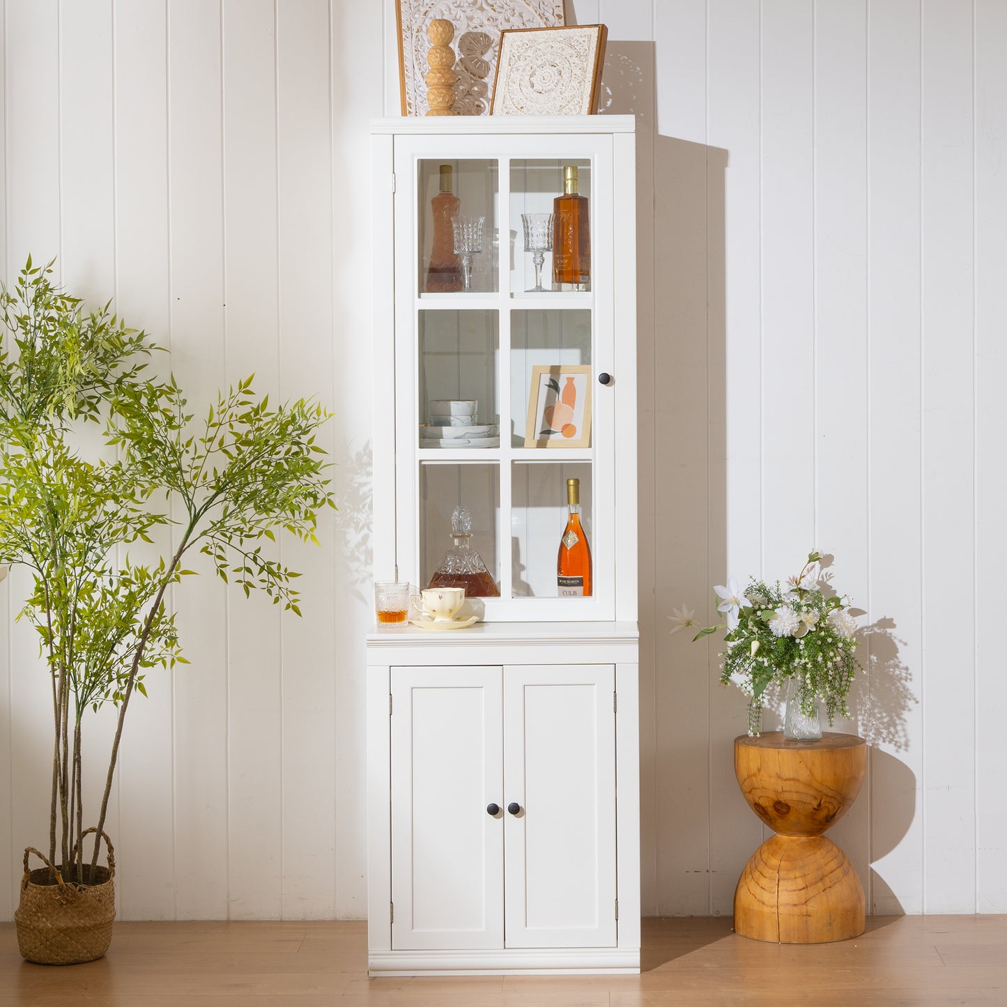 75.25  Tall Freestanding Pantry Cabinet With Glass Door & Lattice Window, Farmhouse Display Cabinets With Storage, Hutch With Double-Action LH&RH Door, For Hallways, Livingroom Kitchen & Office,White