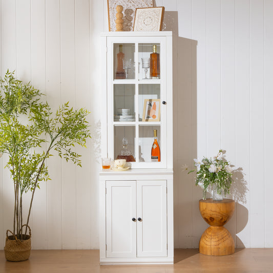 75.25  Tall Freestanding Pantry Cabinet With Glass Door & Lattice Window, Farmhouse Display Cabinets With Storage, Hutch With Double-Action LH&RH Door, For Hallways, Livingroom Kitchen & Office,White