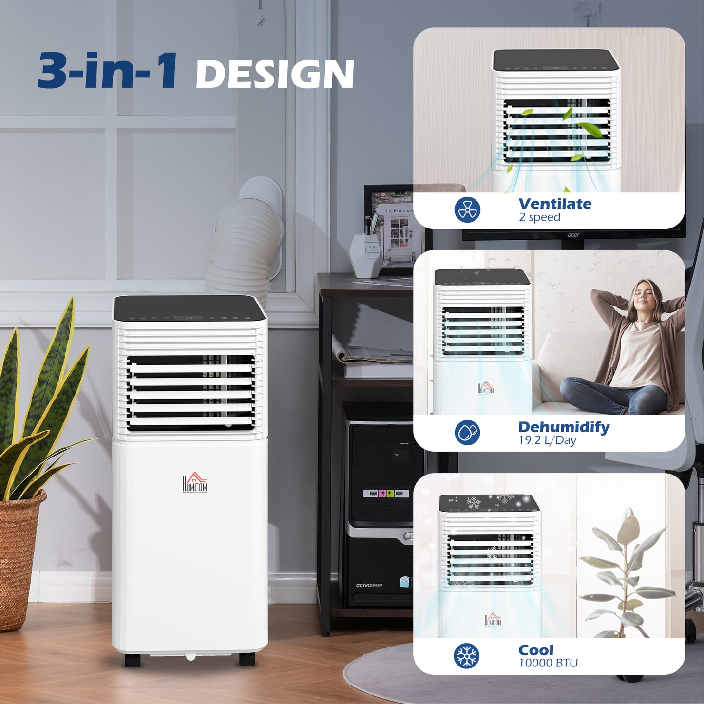 10000 BTU Mobile Air Conditioner for Cooling and Dehumidifying, Remote Control, 24H Timer, LED Display, White