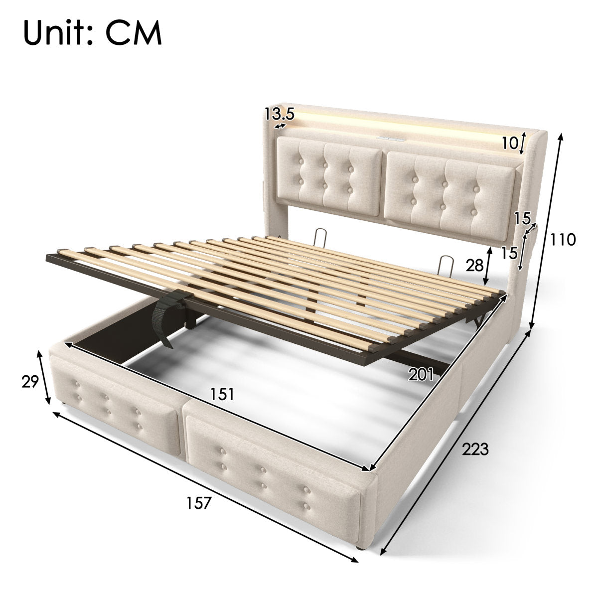 Upholstered King Bed, 5FT Hydraulic Bed With LED Lighting, USB Type-C Charging, Headboard For Cellphones & Tablets, 150 X 200 Cm, Linen, Beige  No Mattress