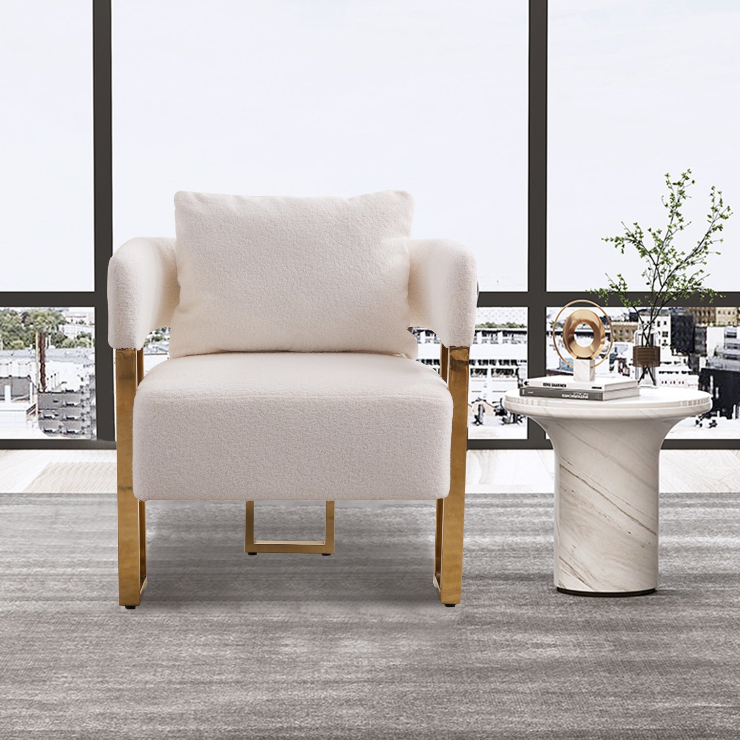 TS Modern Decorative Chair, Living Room Side Chair With Gold Metal Legs, No Wheels, Suitable For Dressing Area, Reception Room, Office,Teddy Fleece Upholstered Metal Foot Sofas 2PCS White