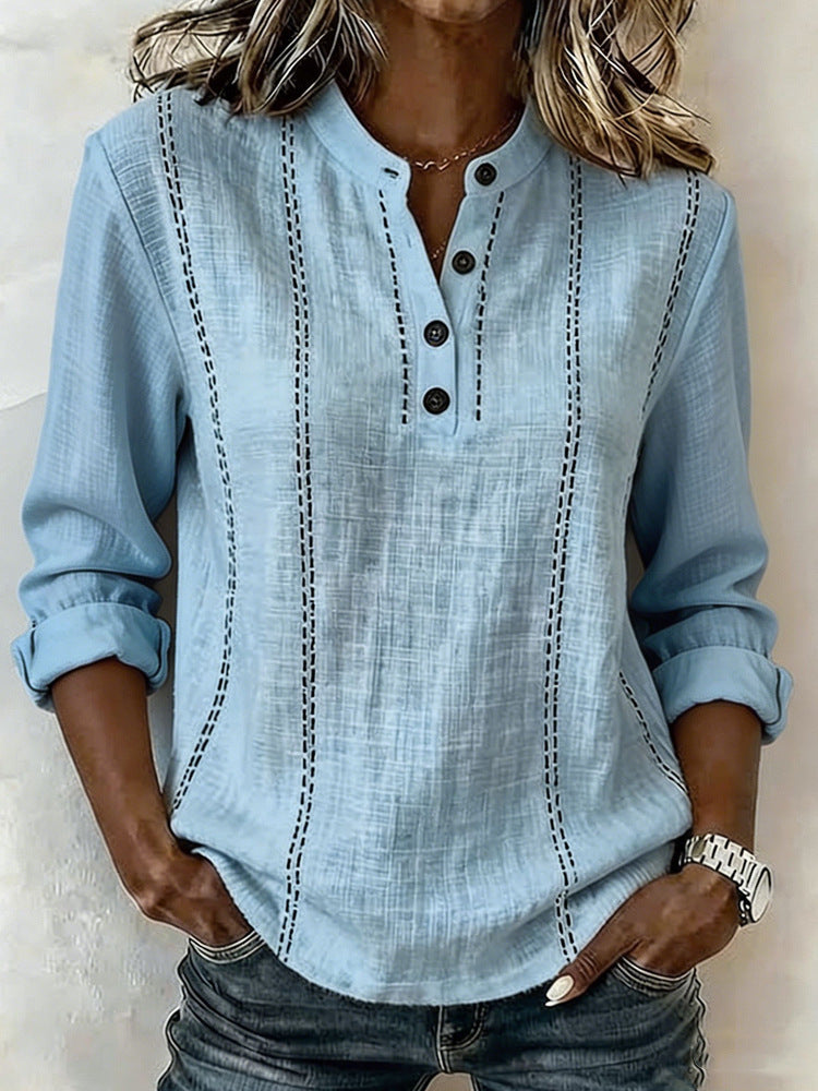 New Summer Loose Fitting Mandarin Collar Long-Sleeve Shirt