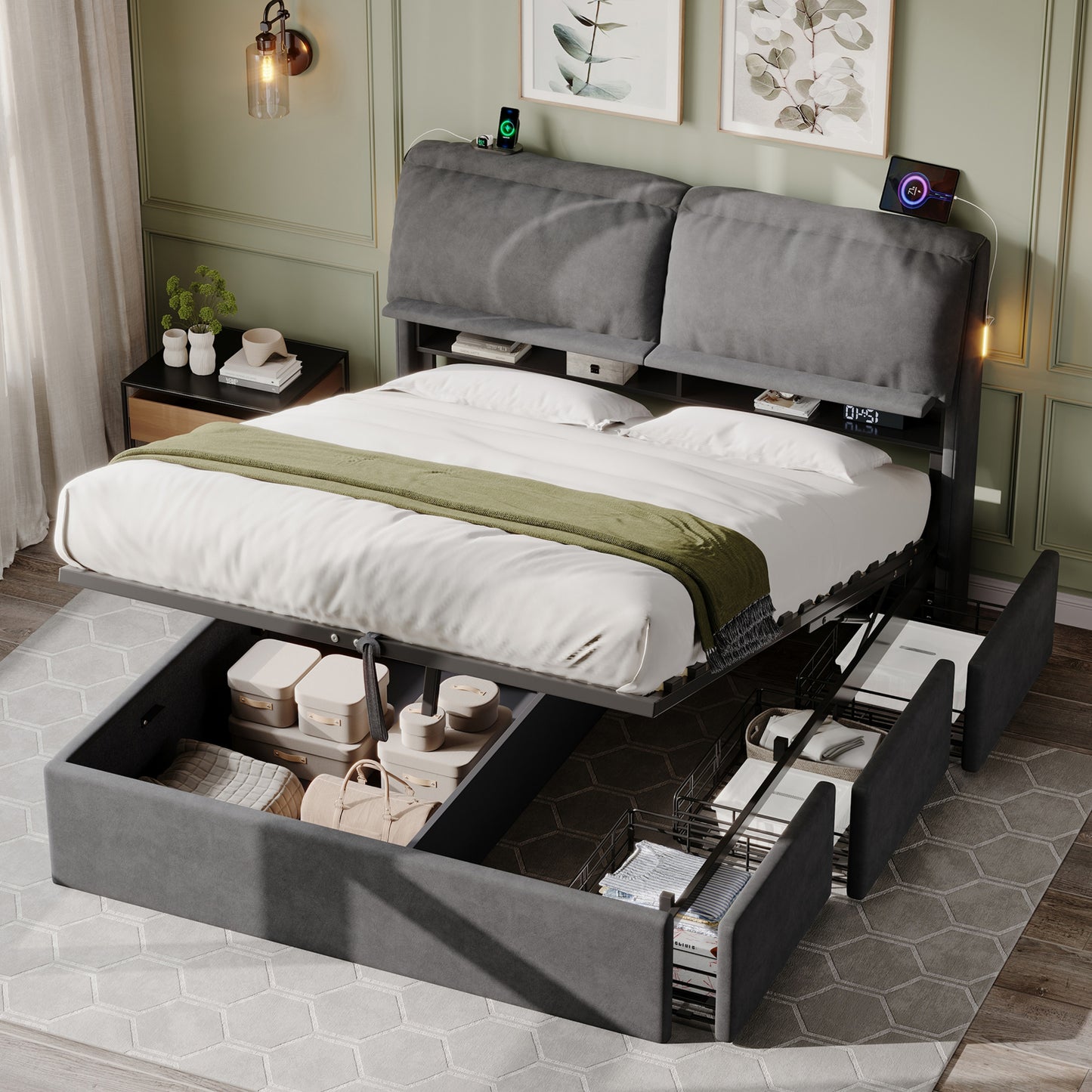 5ft King Bed With Hydraulic Storage, Velvet Upholstered Bed With Headboard Flip-top Storage And Drawers, Back Cushion Headboard With Charging Station And LED Night Light, Grey  No Mattress