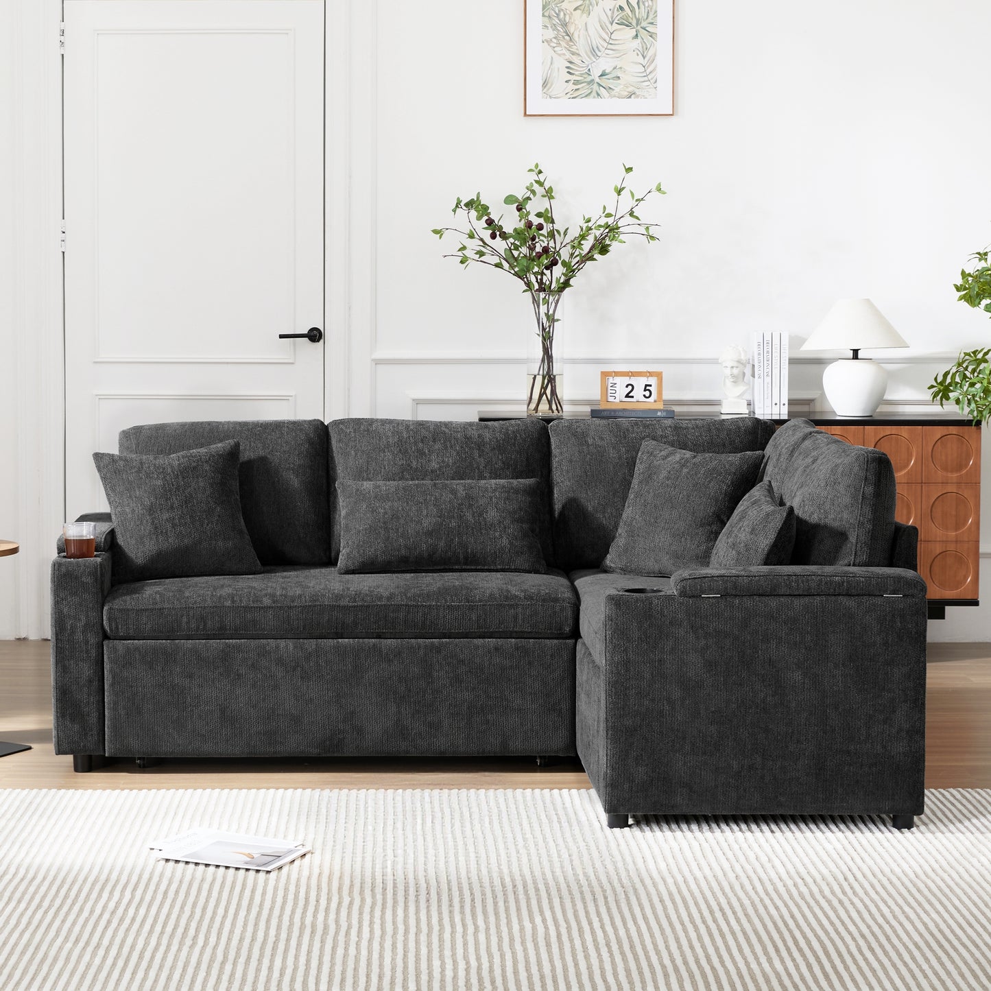 L-shaped Pull-out Corner Sofa, Canape Convertible With Storage, Cup Holder, USB Charging Port, Armrest Rest And Four Cushions. Suitable For Living Rooms, Guest Rooms, Home Theaters And Living Rooms.