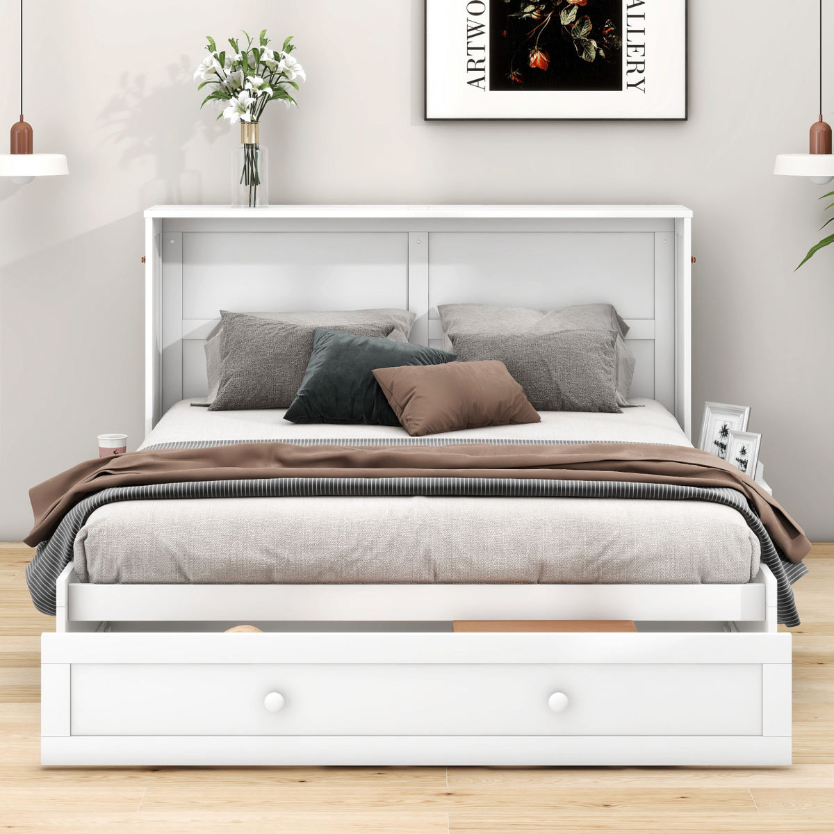 WX000705AAK 140 X 200 Mobile Murphy Bed With Drawers At The End Of The Bed And Small Shelf On The Side Of The Bed,Convertible Platform Beds, White