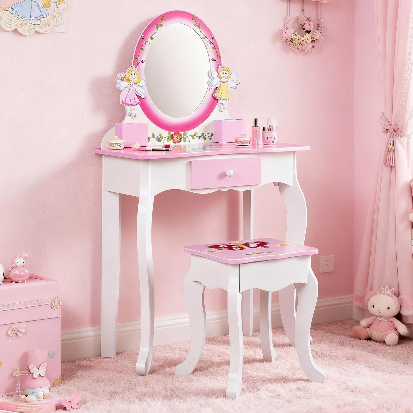Kids Vanity Set Floral Printed Wooden Makeup Dressing Princess Table With Mirror And Stool For Role Playing Pink