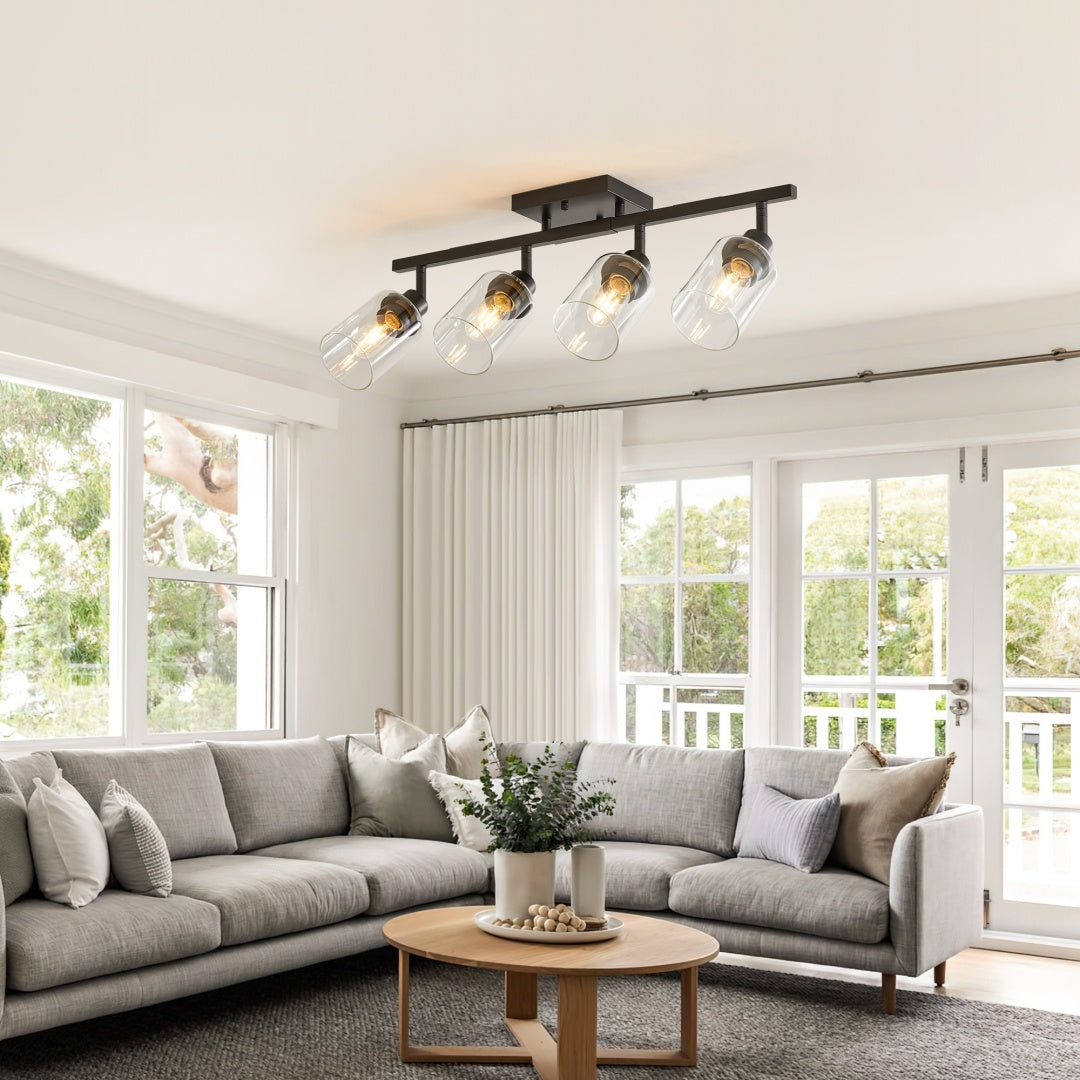 4-Lights Track Lighting Fixtures Ceiling With Clear Glass Shades, Modern Black Semi Flush Mount Ceiling Light, Rotatable Wall Mount Ceiling Lamp For Kitchen Hallway Bedroom Bulb Not Included