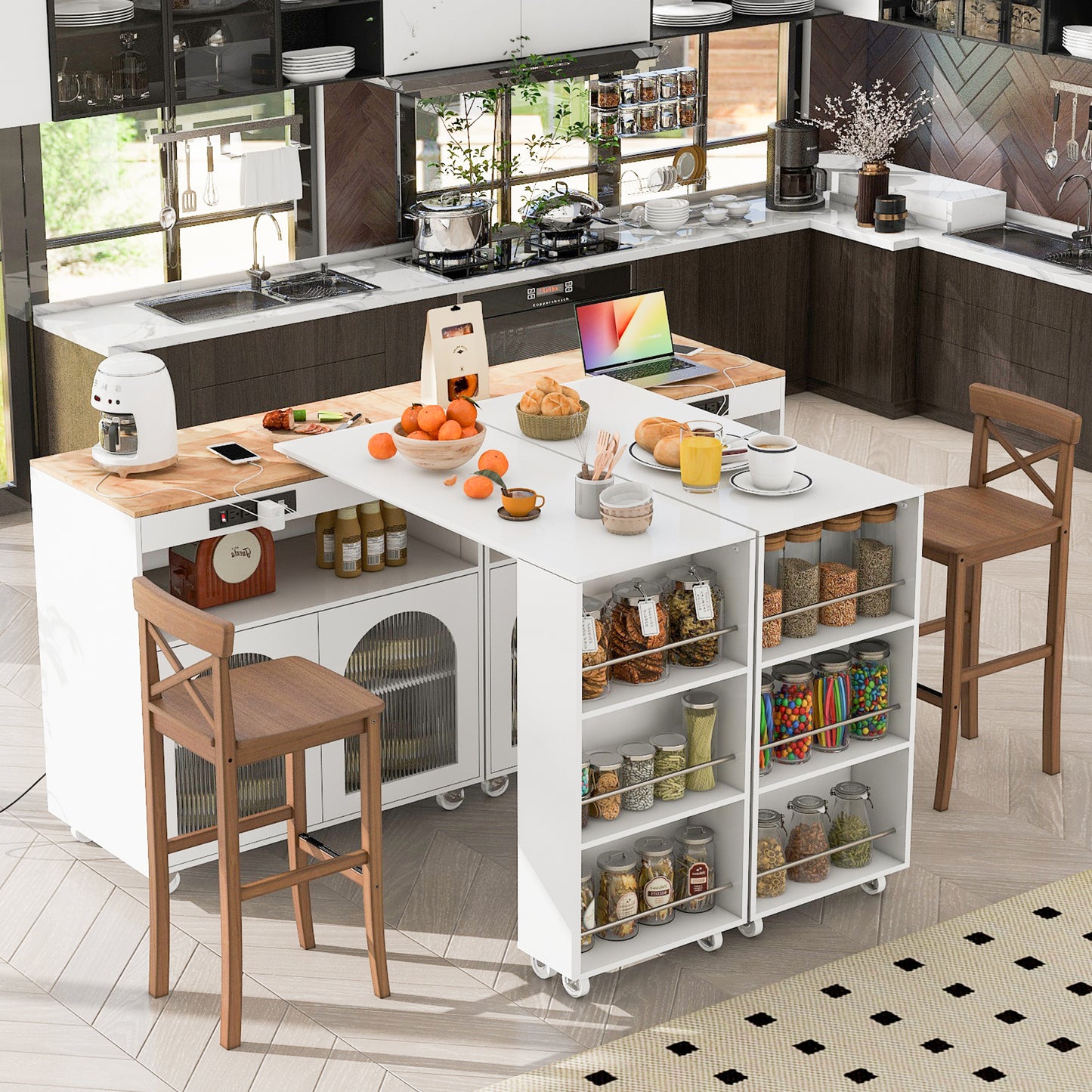 K&K Rolling Kitchen Island With Extended Table,Kitchen Island On Wheels With LED Lights,Power Outlets And 2 Fluted Glass Doors,Kitchen Island With A Storage Compartment And Side 3 Open Shelves,White