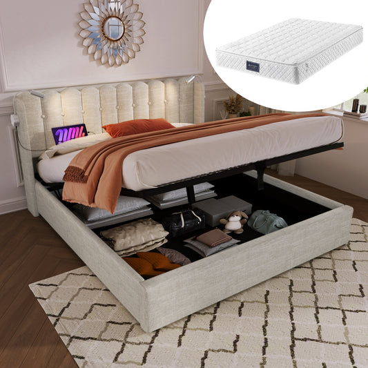 Upholstered Bed Double Bed Reading Light With Charging Function Head Part Storage Bed Frame Linen Material Youth Bed 140x200 With Slate Rust,Natural With Mattress