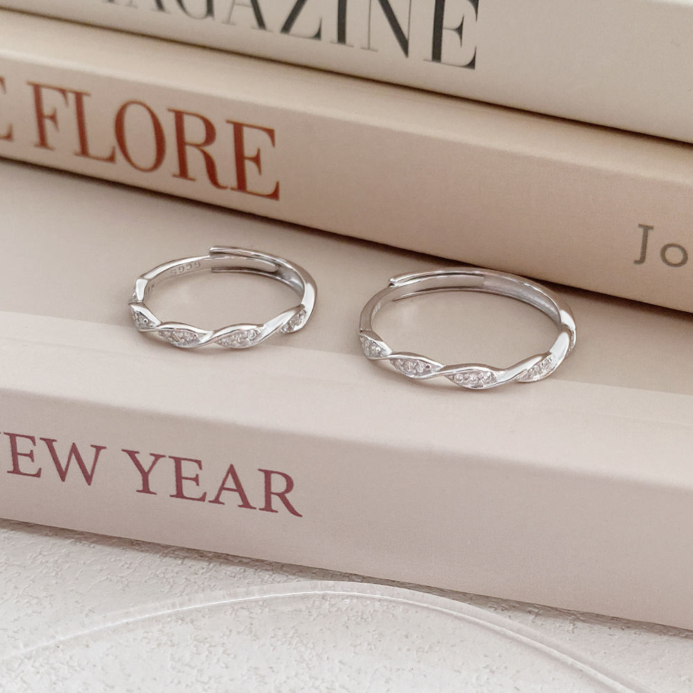 S999 Fine Silver Twisted Zircon Rings Set Of 2, Minimalist Korean Style Delicate Niche Tail Rings