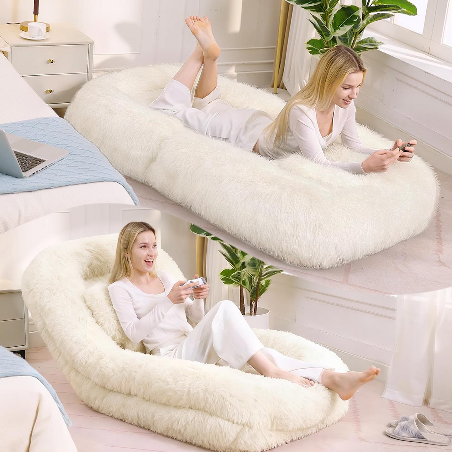 New Arrivals  Video Provided Human Dog Bed, Lazy Sofa, 5 Tier Adjustable, Gaming Chair On Floor, Living Room, Suitable For Gaming, Meditation, Relaxation, Plush Fabric, Beige
