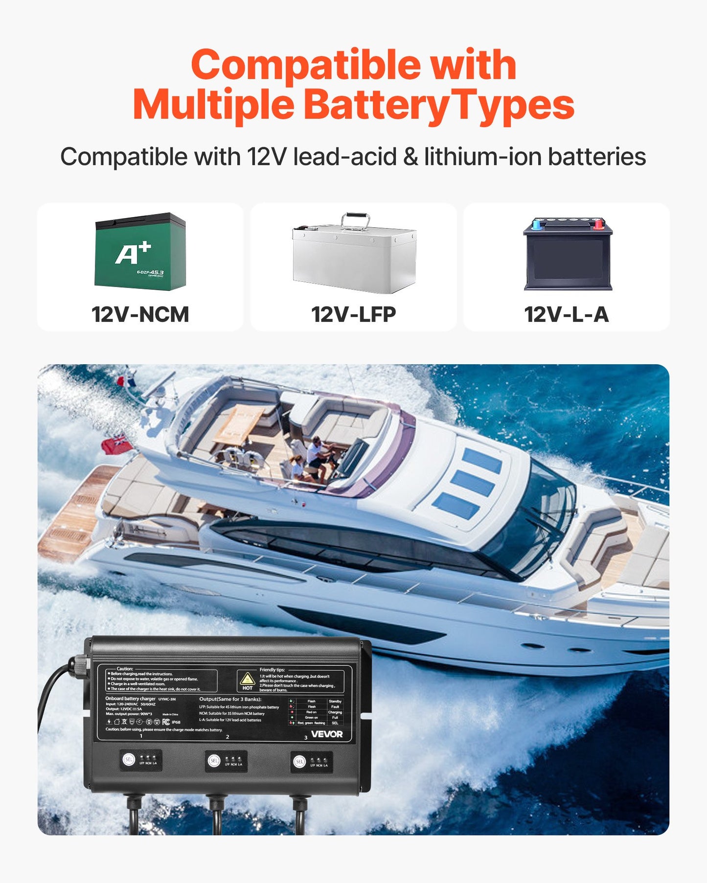 3-Bank 5A 12V Smart Marine Battery Charger Onboard IP68 Waterproof Boat RV Yacht