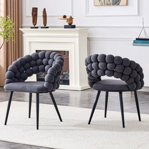 Set Of 2 Gray Puffy Bubble Chair Ball Chain Chair Velvet Dining Chairs With Black Legs, Modern Accent Chairs For Dining Room & Kitchen