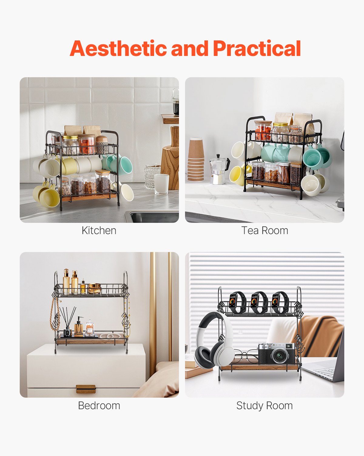 2 Tier Coffee Bar Organizer For Countertop, Multifunctional Mug Holder And Coffee Station, 12 Movable Hooks And 2 Shelves For Coffee Accessories Storage And Display, Home Office (Matte Black)