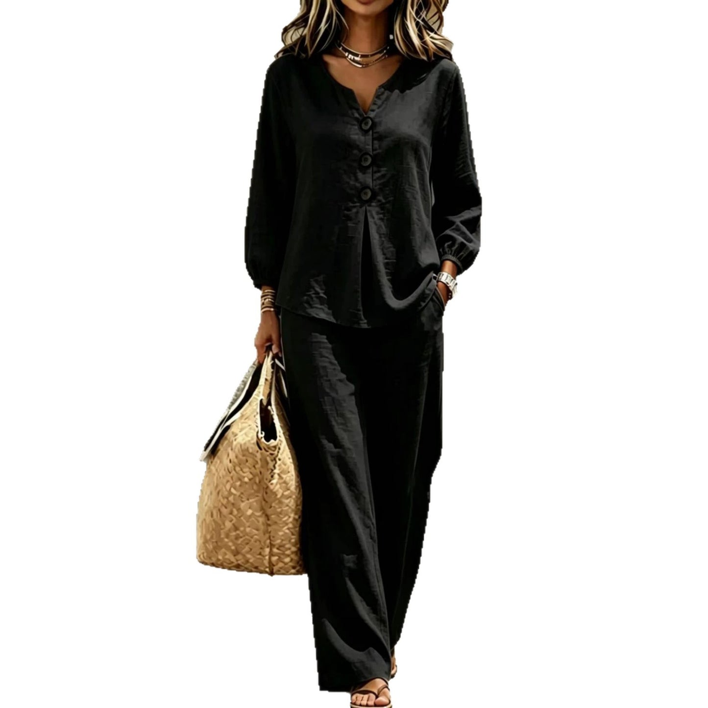 Women's New Casual Two-piece Top With V-neck Long Sleeved Pants
