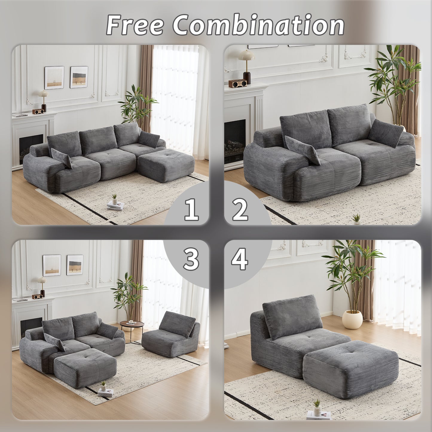 Modern Memory Foam Compressed Sofa,Large Sectional Couches For Living Room,Pet-Friendly Cloud Modular Sectional Sofa,Corduroy Fabric,Extra Deep Loveseat,No Assembly Required,GREY